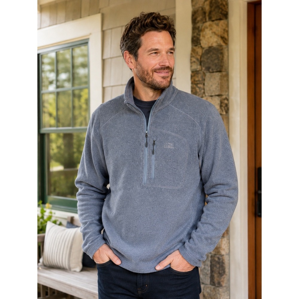LL Bean Mens Blue Heathered Fleece Quarter Zip Pullover‎ Sweater 505089 Large L